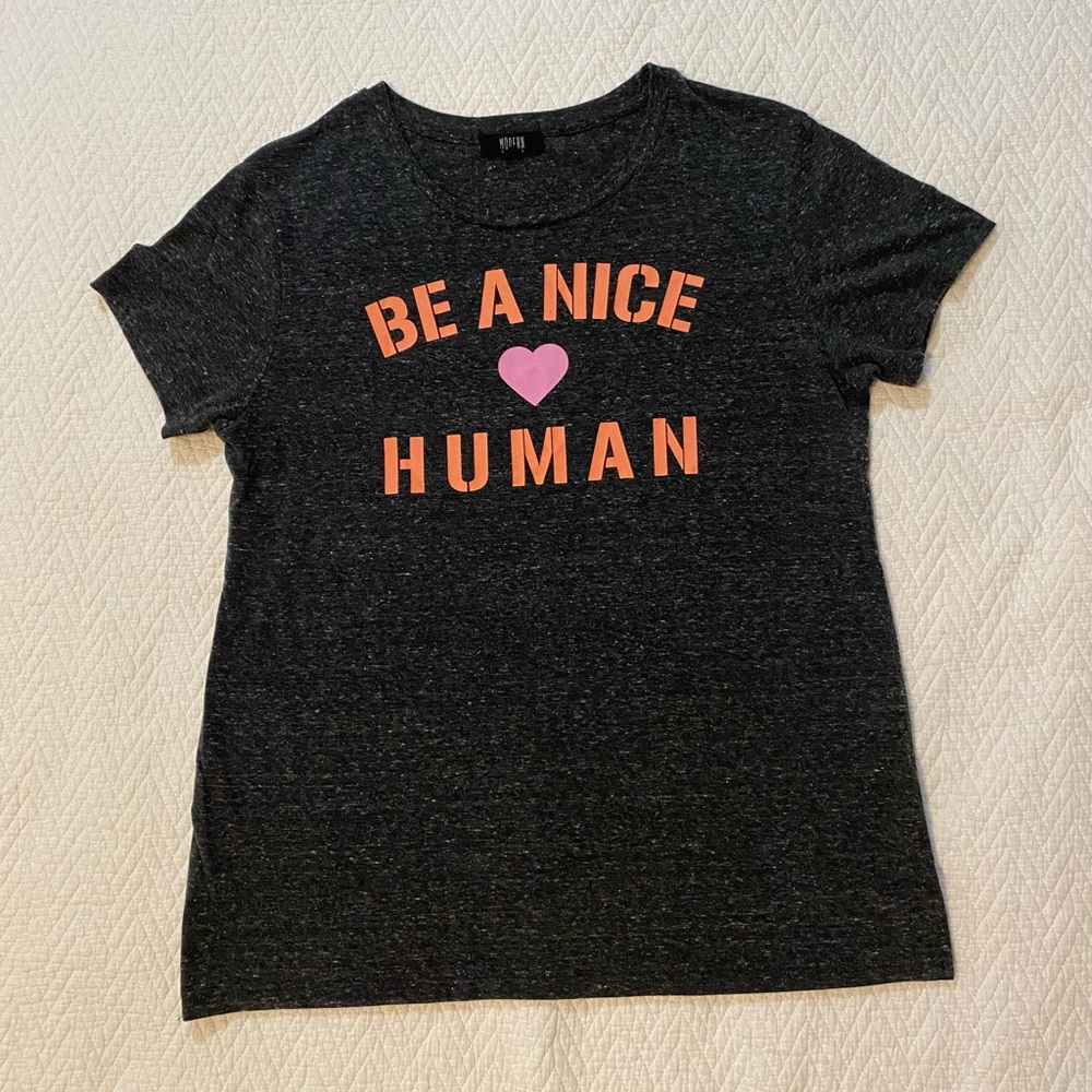 Dark Gray Graphic T-Shirt with Coral & Light Purple Text